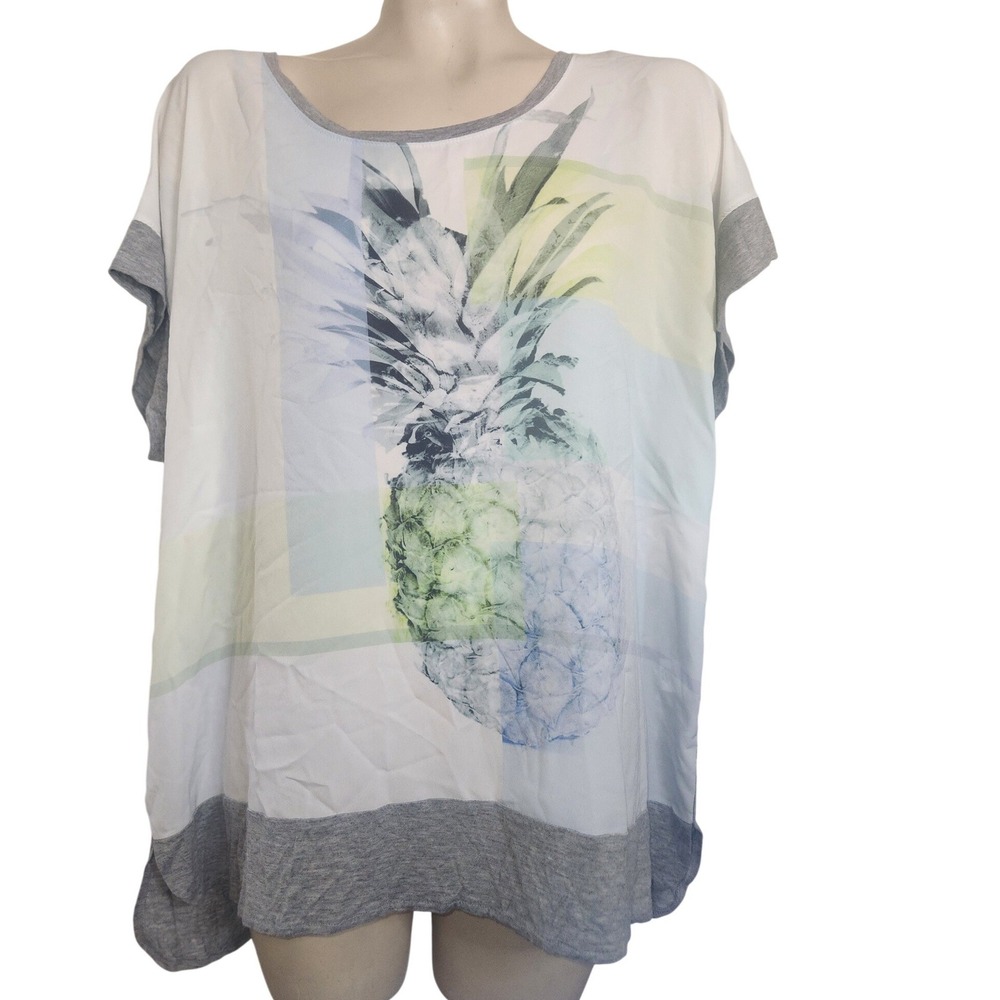 Apt. 9 Womens XL Pineapple Graphic Mixed Media Top Grey Short Sleeve Relaxed Fit